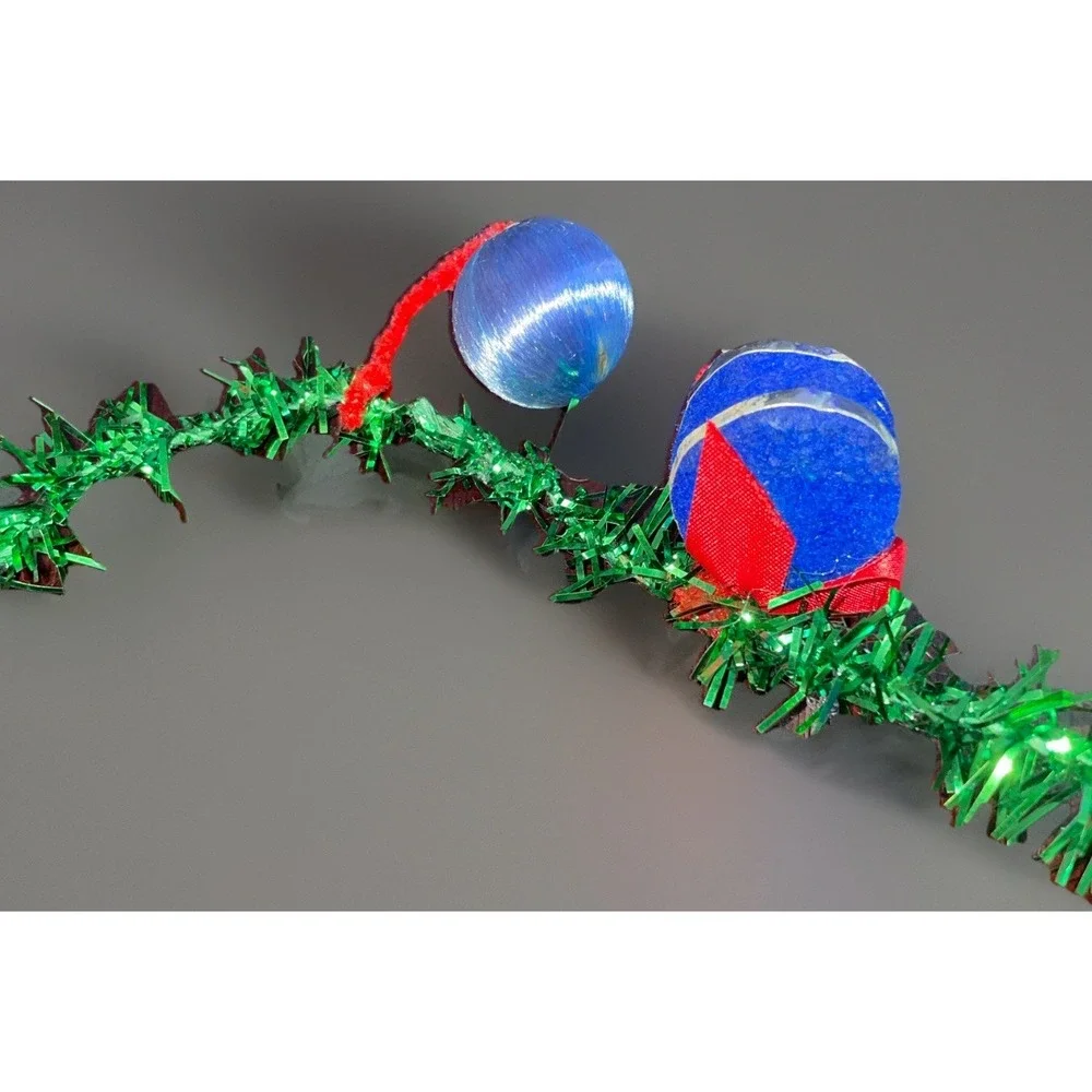 Vtg Green Christmas Garland Satin‎ Balls,Bows,Bears,Bells,Drums One Strand